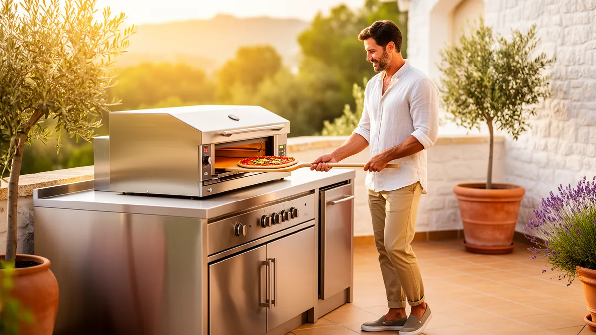Pod Signature BarbecueZone — cuisine extérieure couverte 100 % inox 304 avec four à pizza électrique posé sur le plan de travail, terrasse ensoleillée