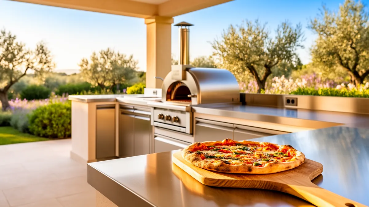 Pod Signature Design BarbecueZone — cuisine extérieure inox 304 couverte sur terrasse ensoleillée, prête à accueillir un four à pizza