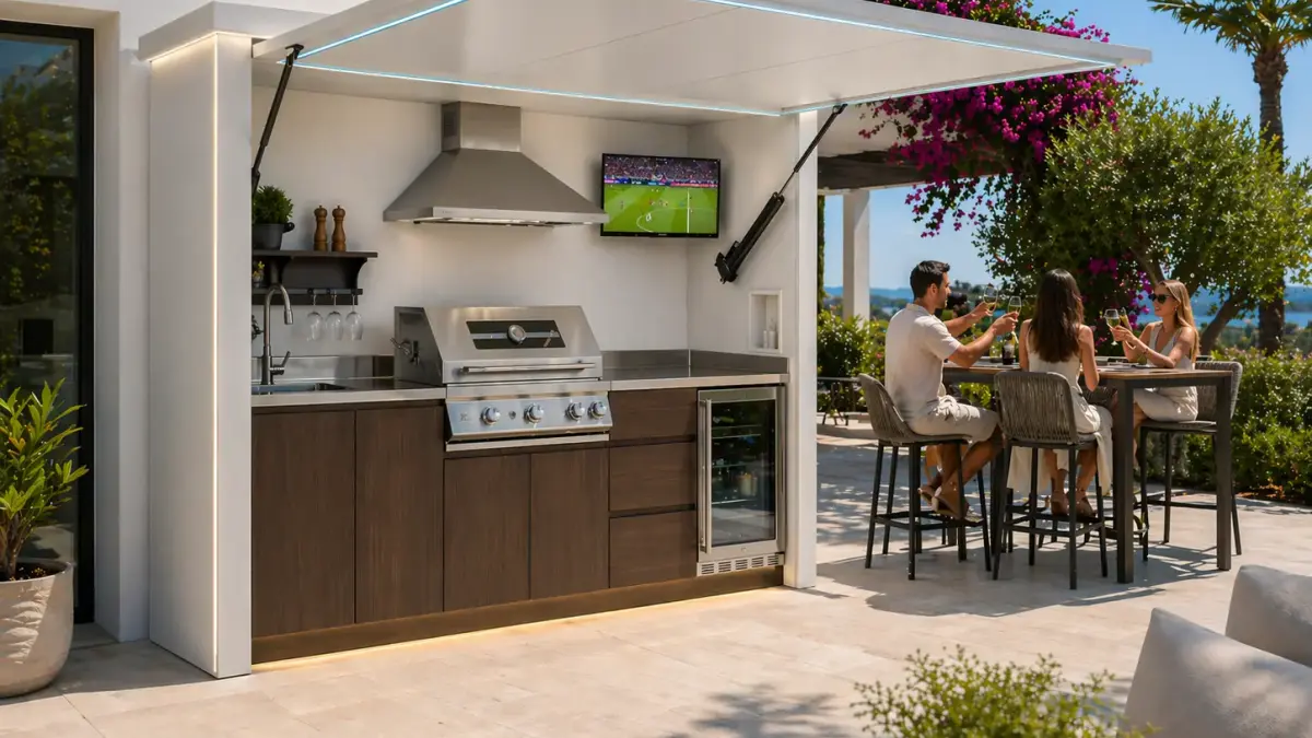 Four à pizza extérieur BarbecueZone — cuisine couverte en inox 304 avec espace cuisson pizza sur terrasse ensoleillée