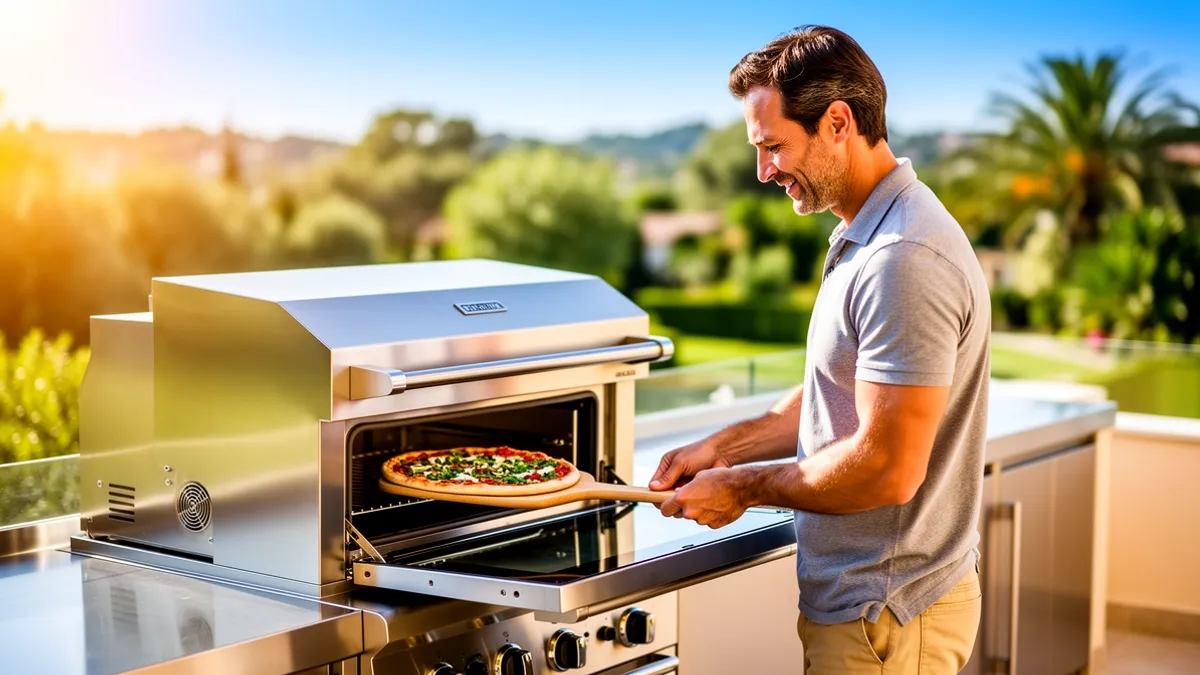 Pod Signature BarbecueZone — cuisine extérieure couverte 100 % inox 304 avec four à pizza gaz posé sur le plan de travail, terrasse ensoleillée