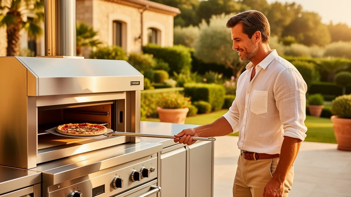 Pod Signature BarbecueZone — cuisine extérieure couverte 100 % inox 304 avec four à pizza professionnel posé sur le plan de travail, terrasse ensoleillée
