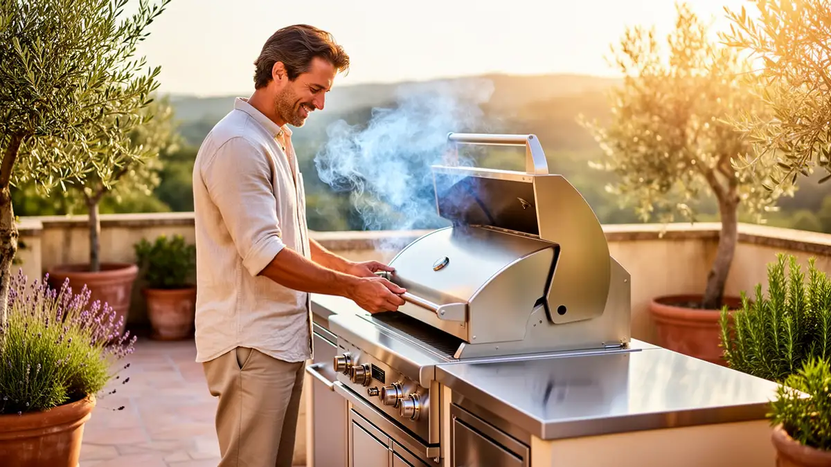Fumage maison au barbecue sur terrasse ensoleillée avec fumée légère s'échappant d'une cuisine extérieure en inox