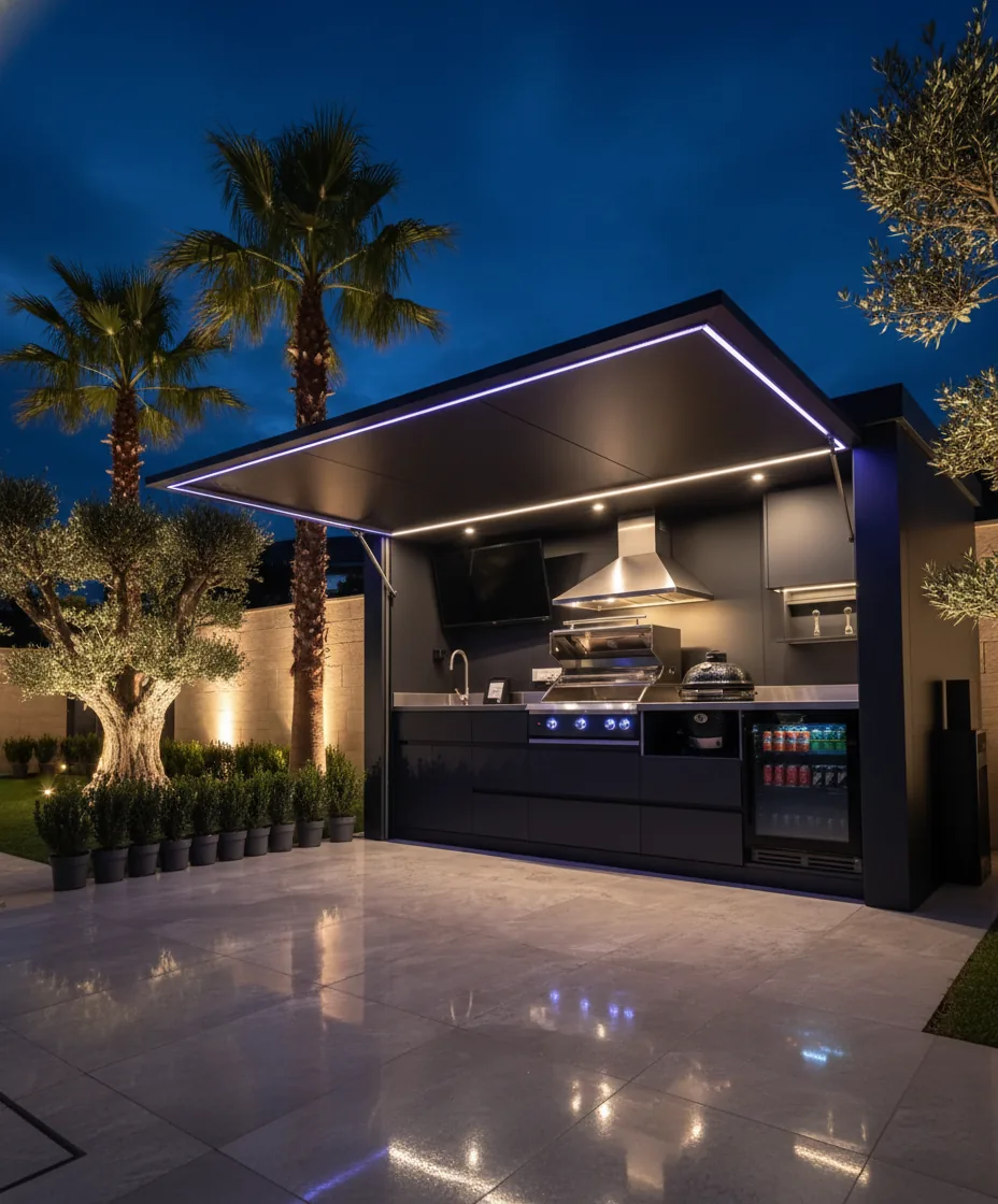 Pod cuisine extérieure BarbecueZone éclairé en soirée — bandeau LED intégré sous le plan de travail inox 304, spots dirigés sur la zone de cuisson, ambiance premium