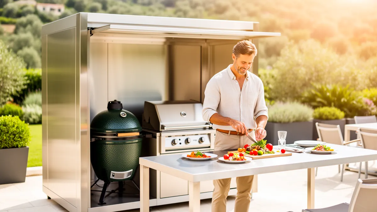 Kamado intégré dans une cuisine extérieure Pod BarbecueZone inox 304 couverte sur terrasse ensoleillée