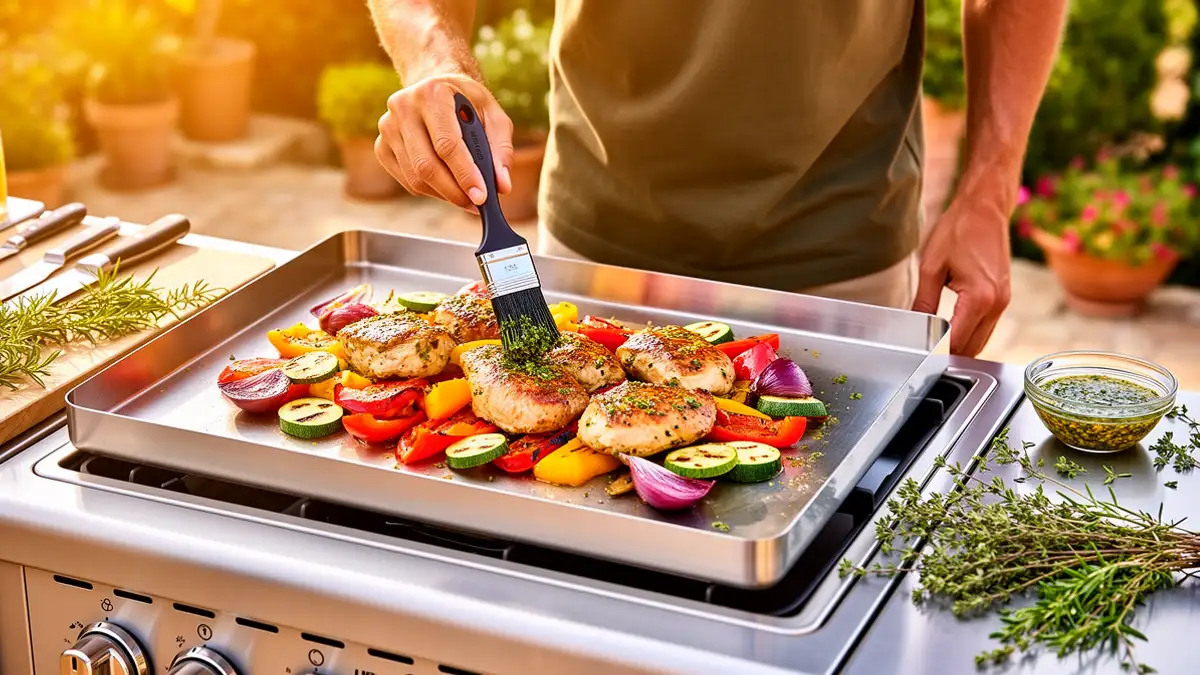 Marinade barbecue maison versée sur des pièces de viande sur une terrasse ensoleillée avec cuisine extérieure en inox