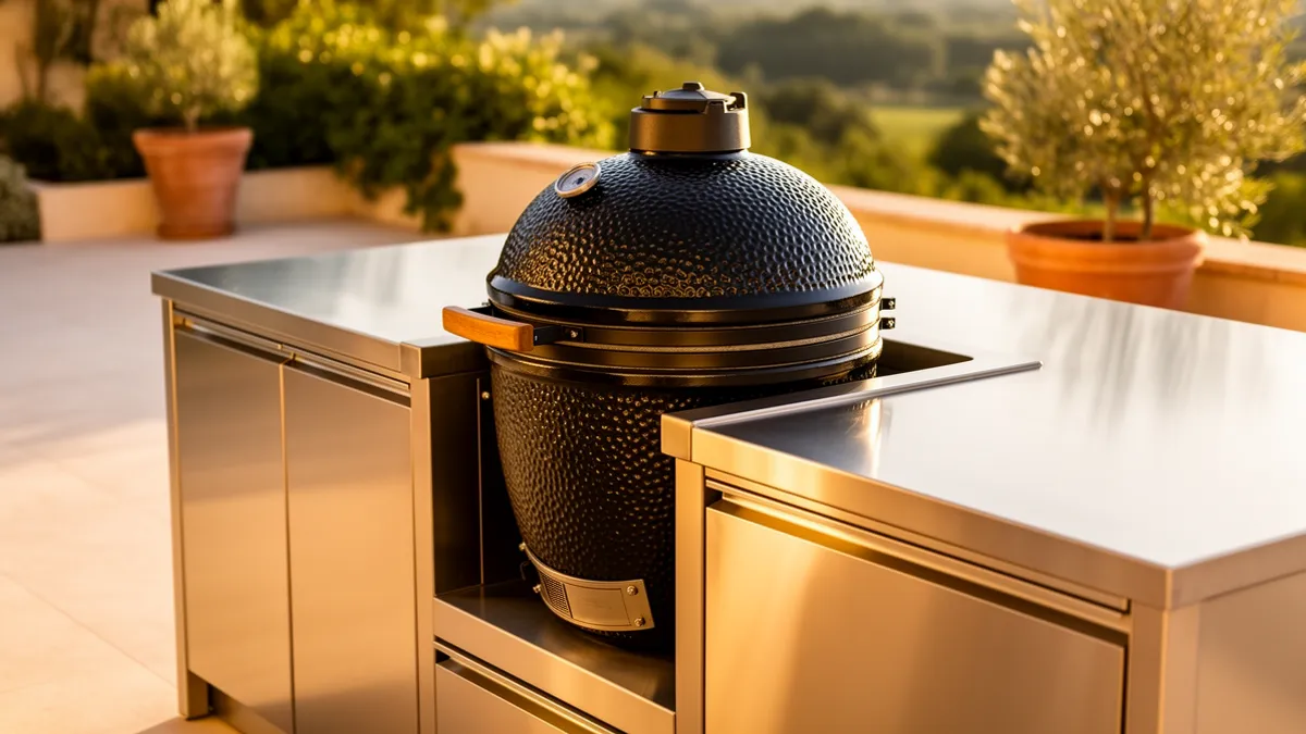Barbecue kamado en céramique intégré dans une cuisine extérieure Pod BarbecueZone en inox 304 sur une terrasse ensoleillée