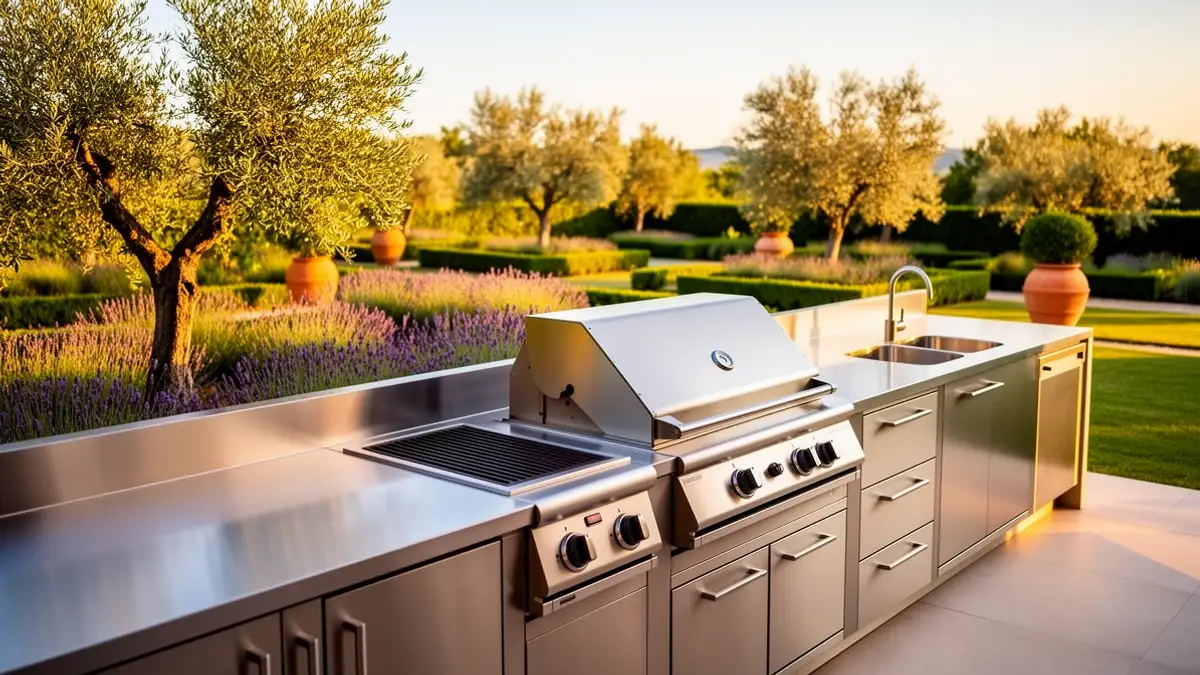 Cuisine extérieure en inox 304 sur terrasse moderne avec plancha et plan de travail