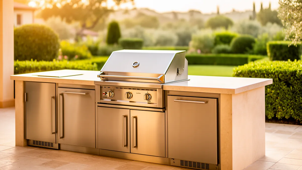 Meuble de cuisine extérieure en inox 304 intégré dans un pod BarbecueZone sur terrasse ensoleillée