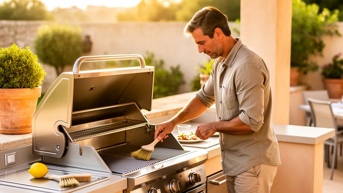 Grille de barbecue BarbecueZone propre et brillante sur terrasse ensoleillée