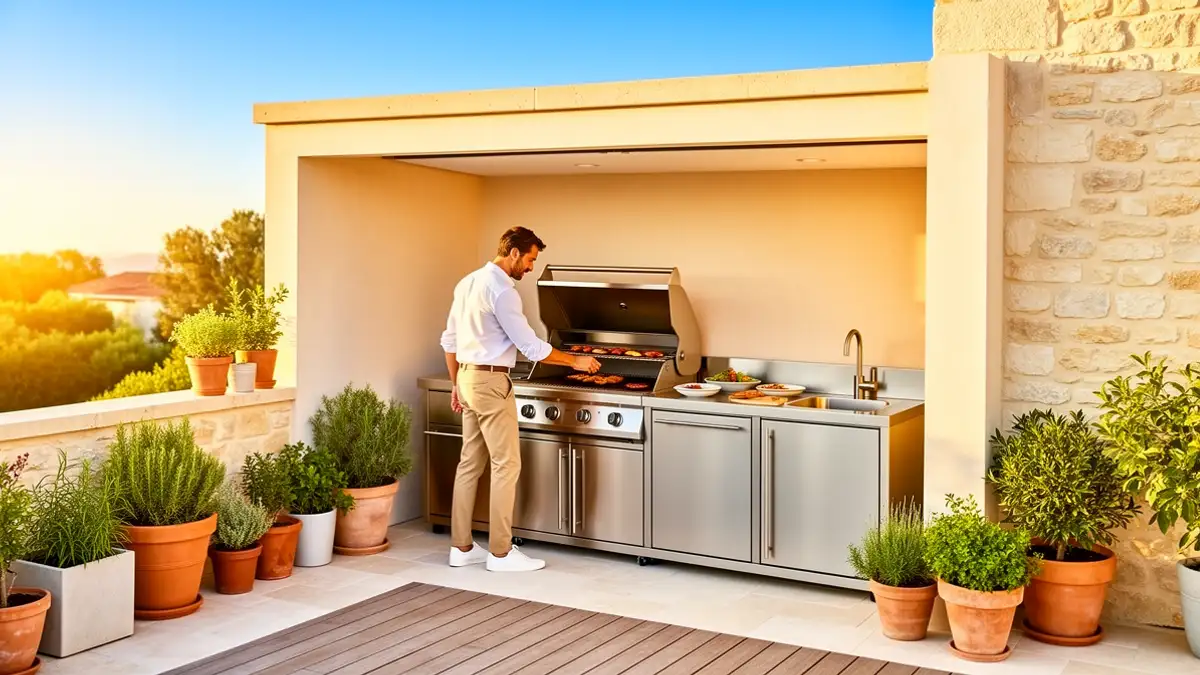 Petite cuisine d'été couverte compacte en inox 304 BarbecueZone — Pod Compact 2,21 m sur une terrasse ensoleillée