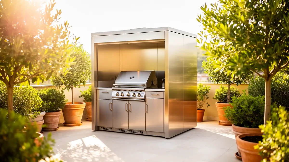 Petite cuisine d'été BarbecueZone Pod Compact inox 304 sur terrasse petit espace moderne