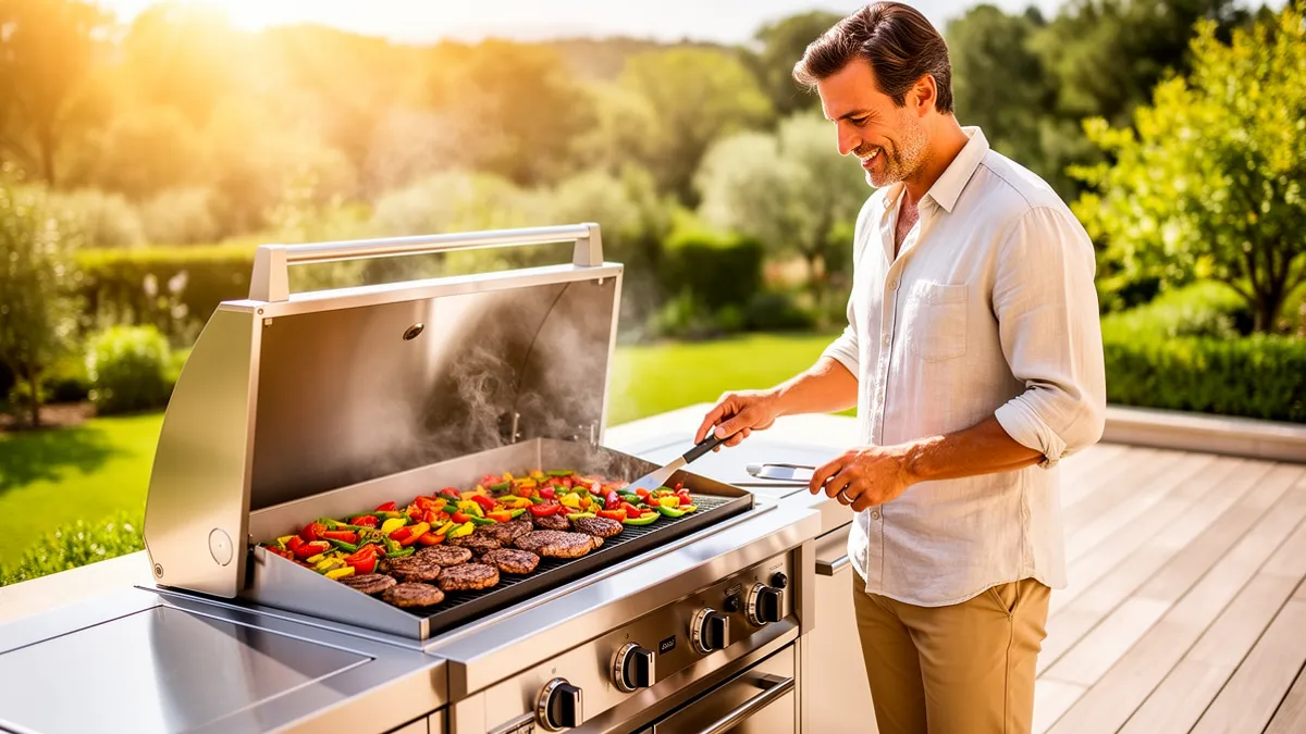 Cuisine extérieure couverte inox 304 BarbecueZone — Pod avec plancha intégrée sur une terrasse ensoleillée, alternative à une plancha Forge Adour posée seule