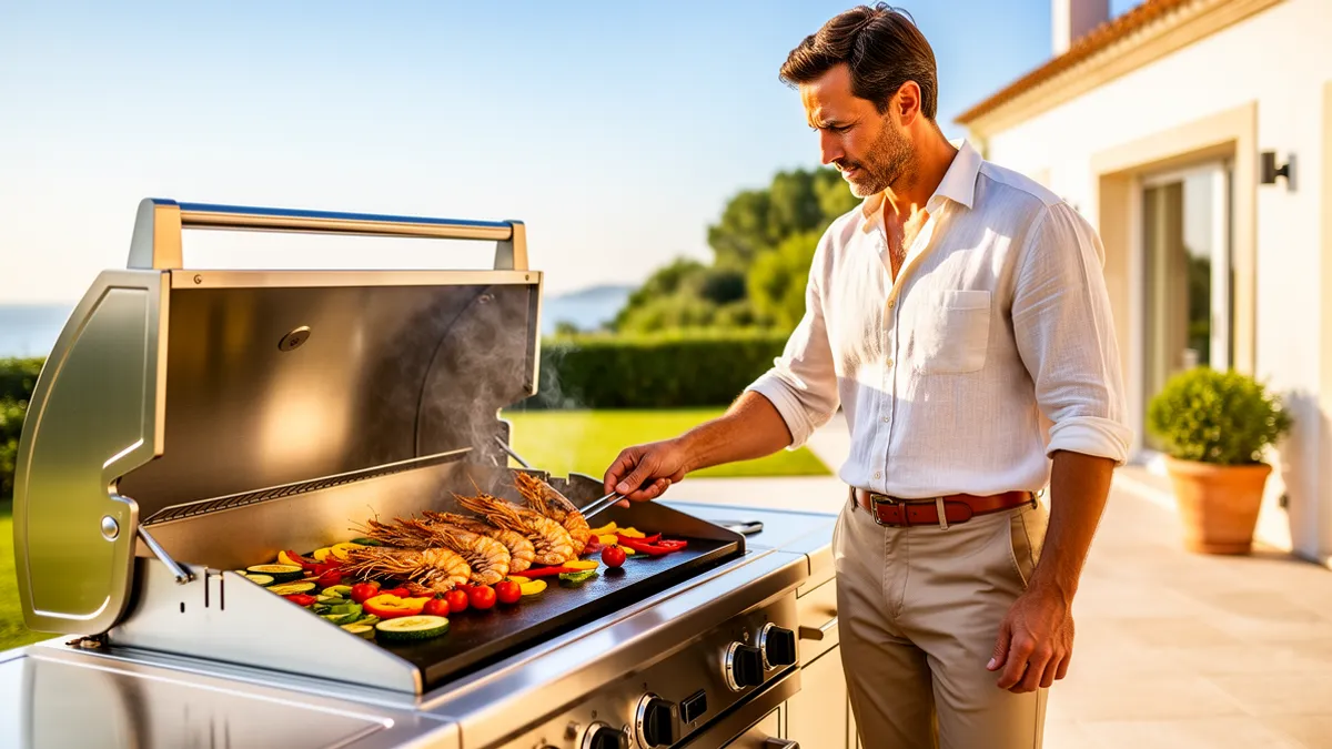 Pod cuisine extérieure couverte 100 % inox 304 BarbecueZone — plancha gaz Forge Adour intégrée sur une terrasse ensoleillée