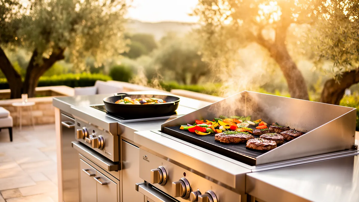 Plancha inox 304 et plancha en fonte côte à côte sur terrasse extérieure ensoleillée