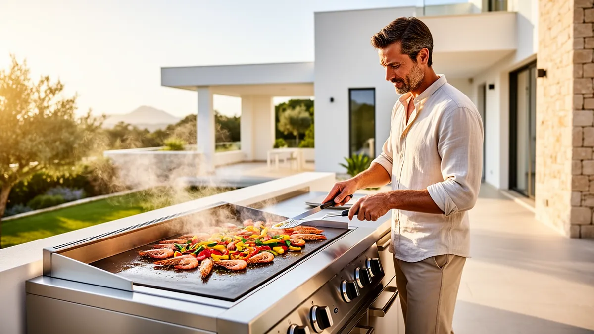 Pod Signature BarbecueZone — plancha professionnelle en inox 304 intégrée dans une cuisine extérieure couverte sur terrasse ensoleillée