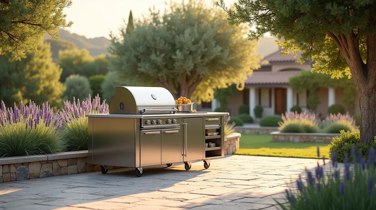 Pod de cuisine extérieure en inox sur une terrasse française avec jardin paysager