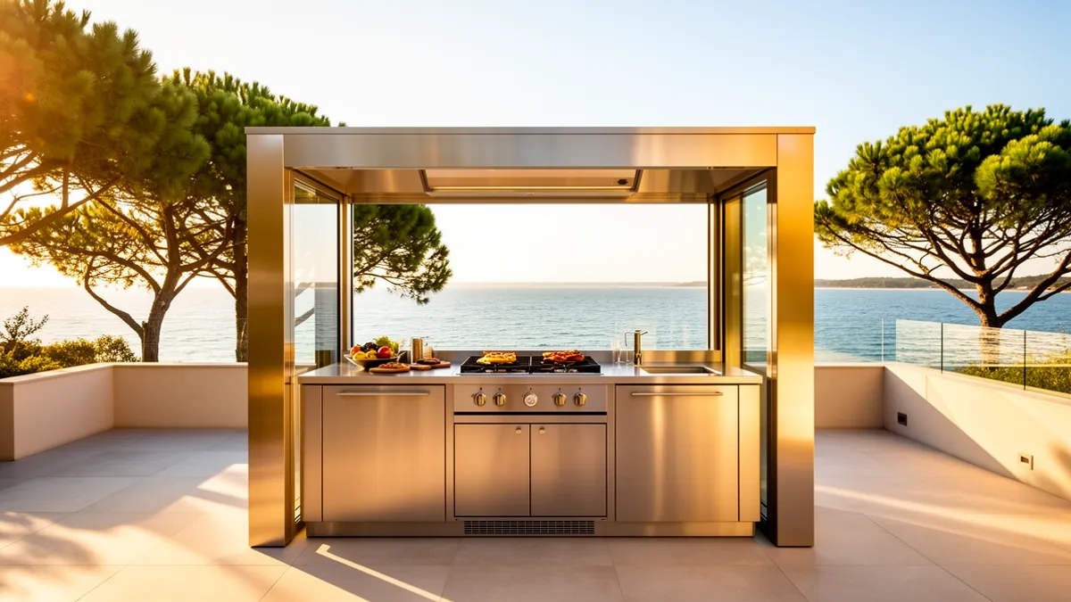 Cuisine extérieure inox 304 BarbecueZone au Cap Ferret, sur une terrasse face au Bassin d'Arcachon