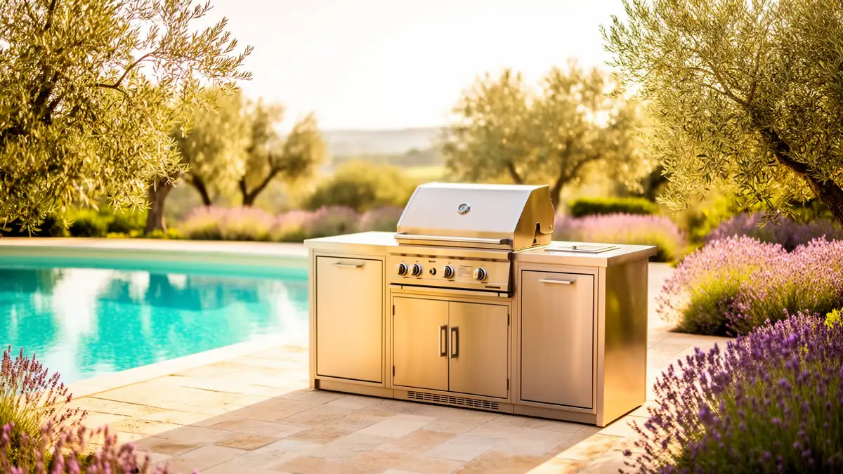 Pool house avec cuisine d'été Pod BarbecueZone — terrasse piscine avec cuisine extérieure inox 304 clé en main