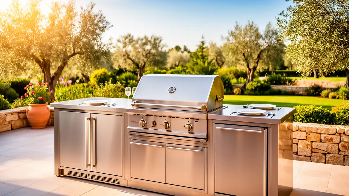 Prix cuisine extérieure BarbecueZone — terrasse moderne avec Pod inox 304 et cuisine intégrée