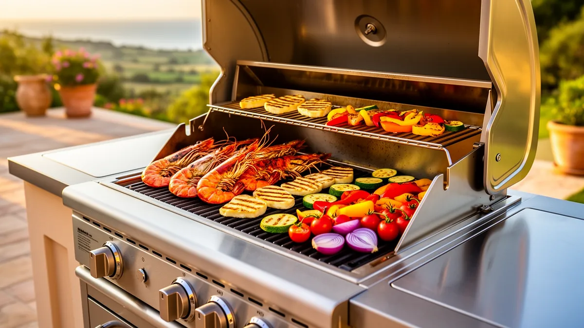 Terrasse ensoleillée avec cuisine extérieure inox et grillades originales