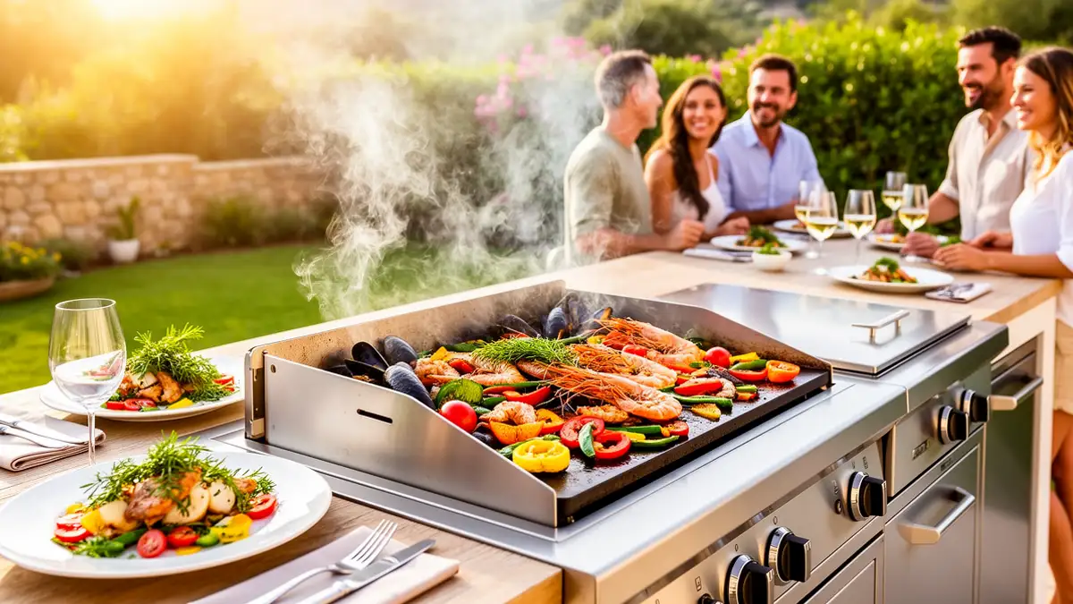 Plancha en inox sur terrasse avec convives autour d'un repas estival coloré