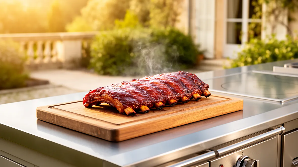 Ribs de porc laqués cuisant sur un barbecue en extérieur, terrasse ensoleillée