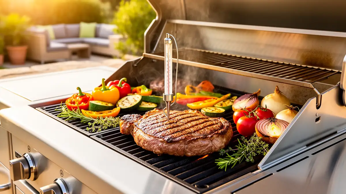 Tableau des temps de cuisson barbecue viandes et légumes sur cuisine extérieure inox