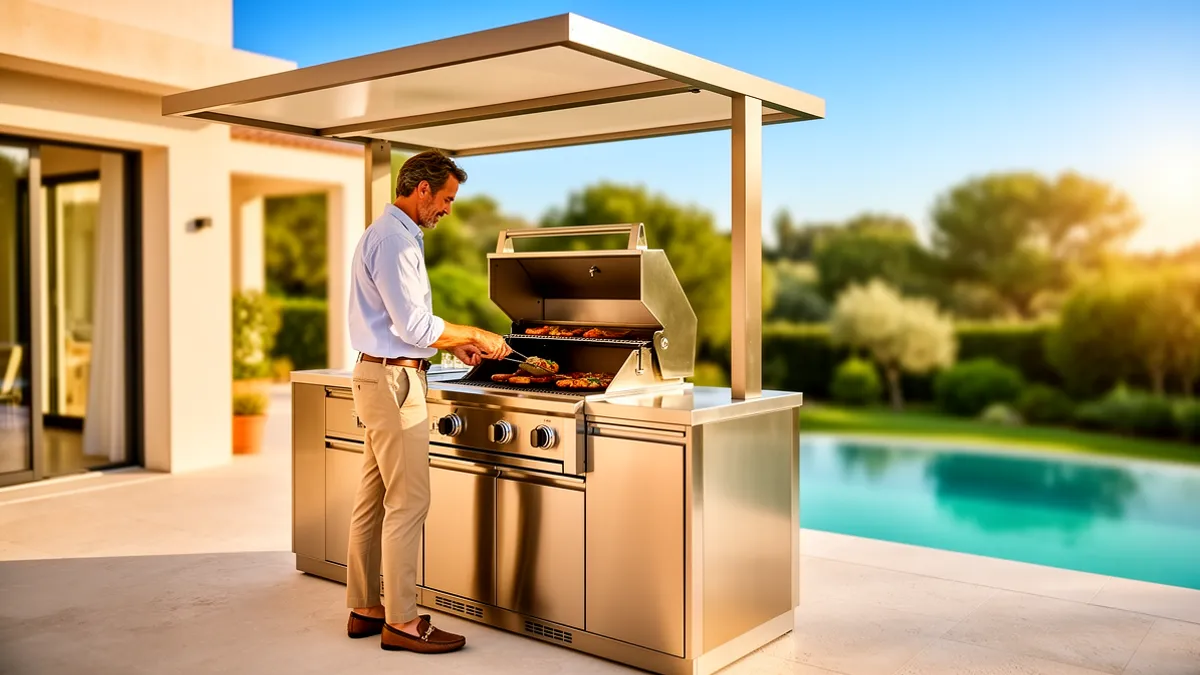 Toiture de cuisine extérieure BarbecueZone — Pod inox 304 couvert sur terrasse ensoleillée