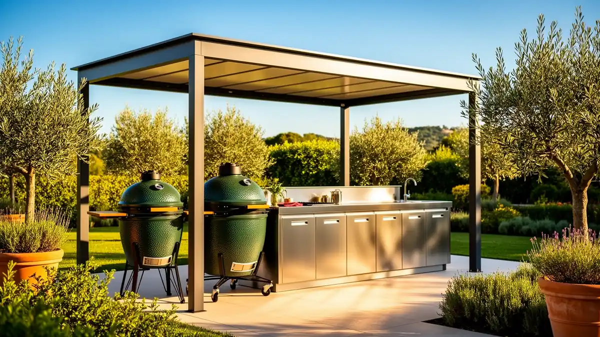 Cuisine extérieure couverte BarbecueZone en inox 304 avec un kamado intégré sur une terrasse ensoleillée