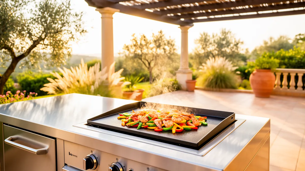 Cuisine extérieure couverte BarbecueZone en inox 304 avec plancha électrique intégrée sur une terrasse ensoleillée