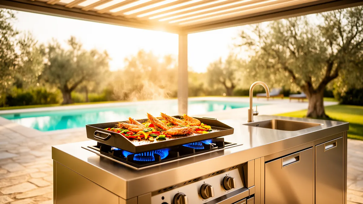Cuisine extérieure couverte BarbecueZone en inox 304 avec plancha gaz intégrée sur une terrasse ensoleillée
