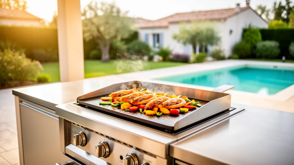 Cuisine extérieure couverte BarbecueZone en inox 304 avec plancha gaz type Iberica 600 intégrée sur une terrasse ensoleillée