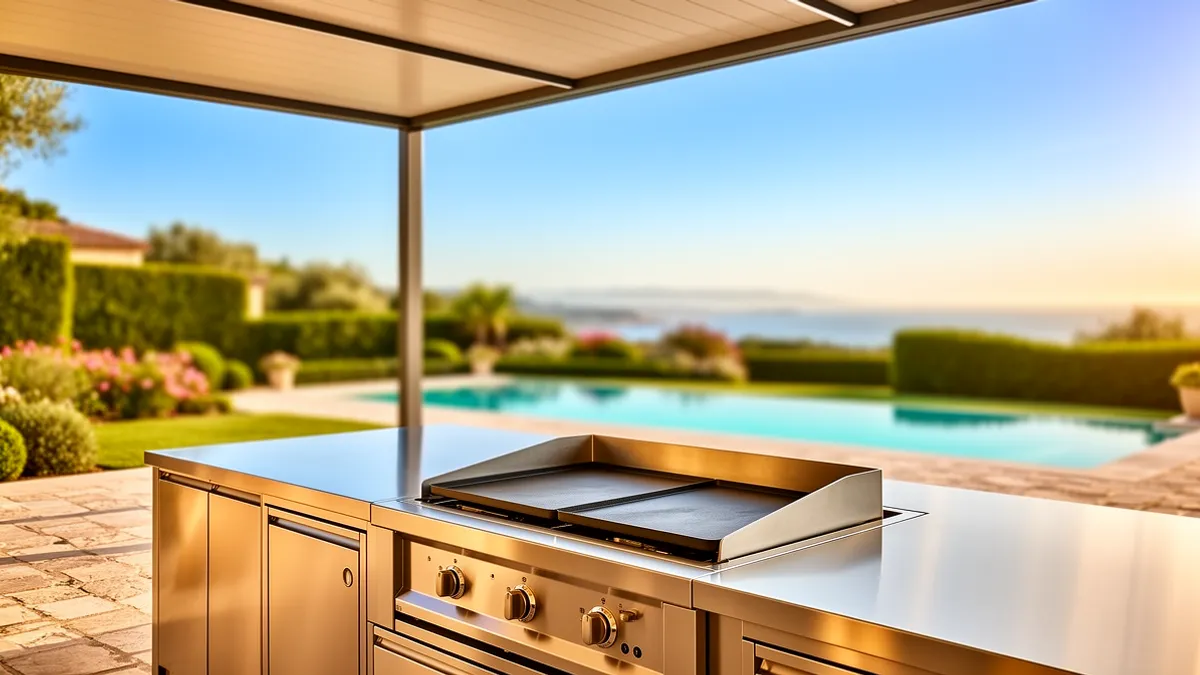 Cuisine extérieure couverte BarbecueZone en inox 304 avec plancha électrique type Modern 60 intégrée sur une terrasse ensoleillée