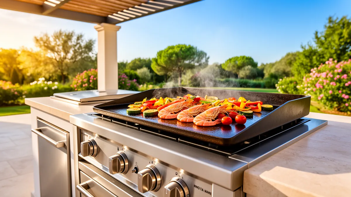 Cuisine extérieure couverte BarbecueZone en inox 304 avec plancha gaz type Prestige 600 intégrée sur une terrasse ensoleillée