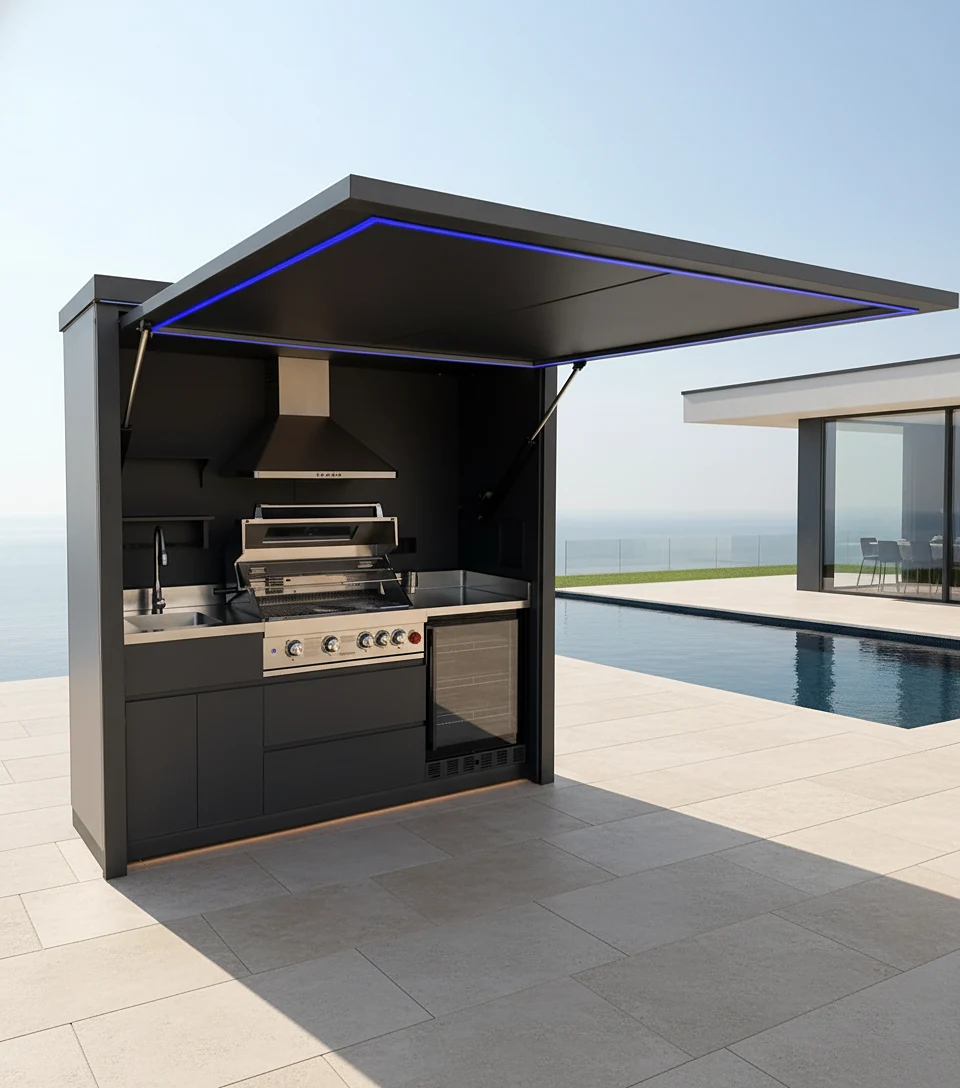 Pod Compact BarbecueZone — cuisine extérieure compacte tout-équipée en inox 304 sur terrasse vue mer