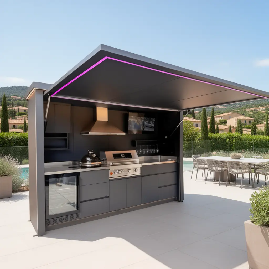 Pod Signature BarbecueZone dans un jardin méditerranéen avec végétation luxuriante et terrasse en pierre
