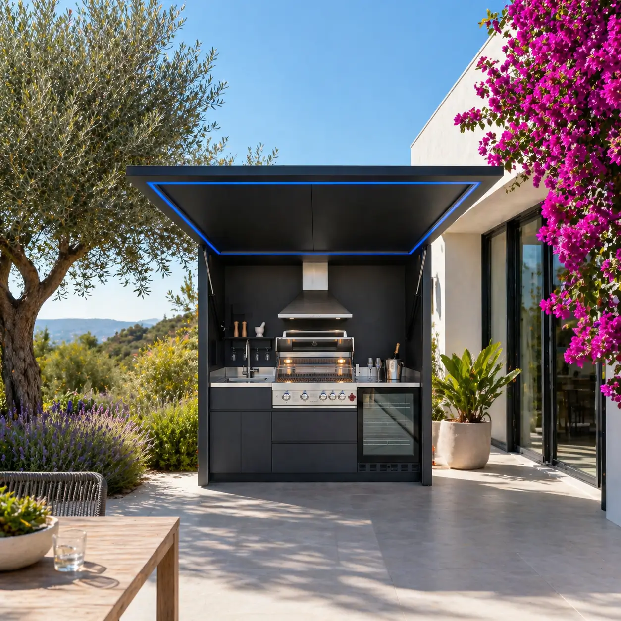 Cuisine extérieure fermée BarbecueZone — Pod Compact porte basculante ouverte, barbecue gaz et hotte visibles