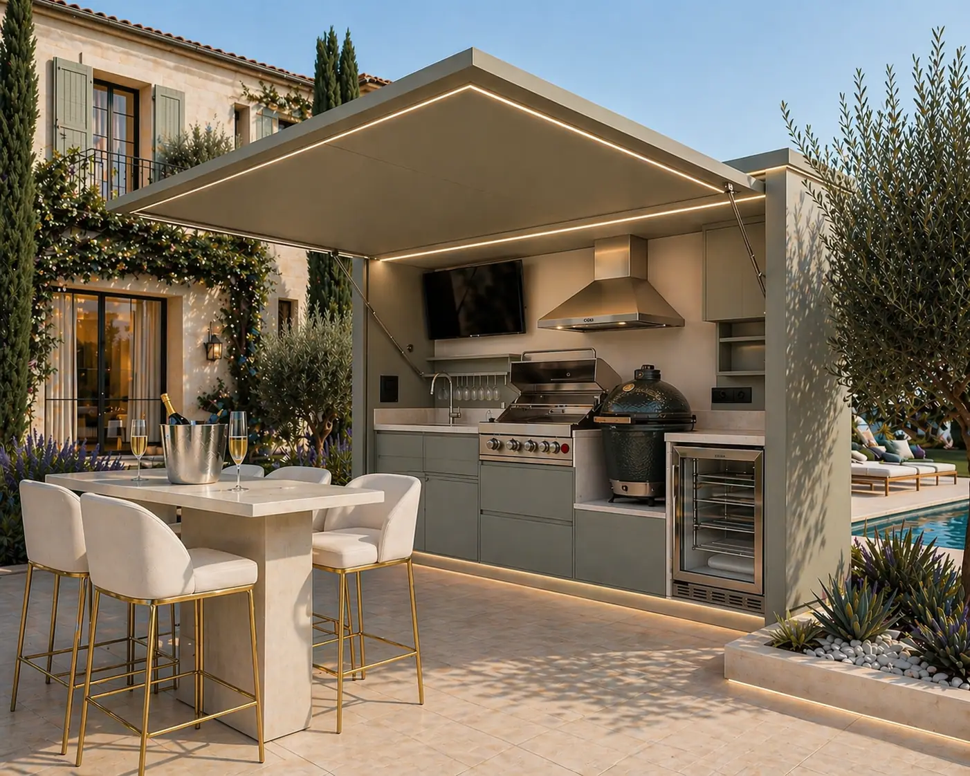 Pod Signature BarbecueZone — cuisine extérieure couverte 100 % inox 304 sur une terrasse en Provence, table dressée au coucher de soleil