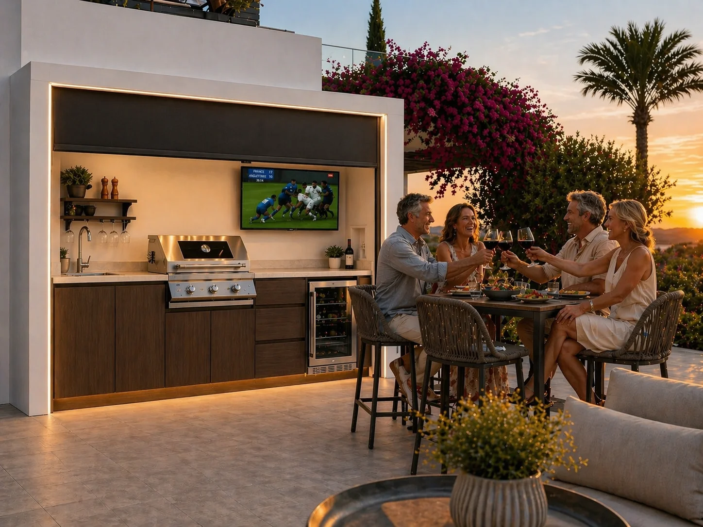 Pod Riviera ouvert au coucher du soleil avec convives autour de la cuisine d'été — barbecue gaz allumé, ambiance estivale