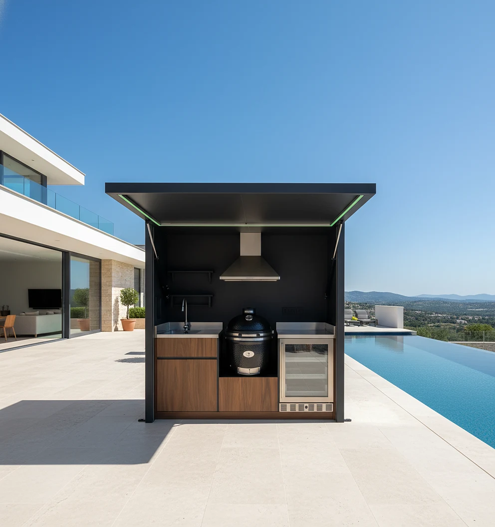 Pod Compact BarbecueZone installé au bord d'une piscine sous un ciel bleu — cuisine d'été complète avec barbecue gaz et évier inox 304