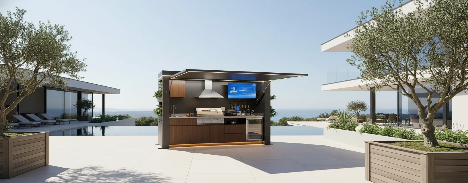 Pod cuisine extérieure sur terrasse de villa avec piscine et palmiers sous ciel bleu