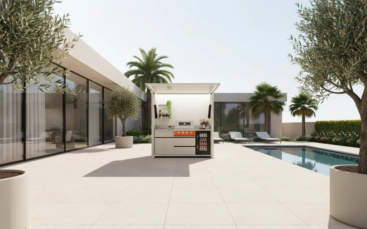 Pod cuisine extérieure sur terrasse de villa avec piscine et palmiers sous ciel bleu