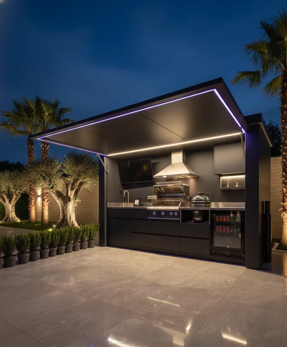 Pod Compact de nuit entouré d'oliviers centenaires et palmiers avec éclairage LED ambiance