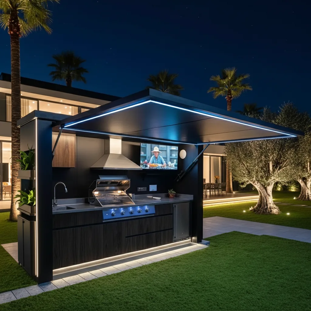 Cuisine d'été couverte de nuit — Pod BarbecueZone avec TV allumée et éclairage LED jardin