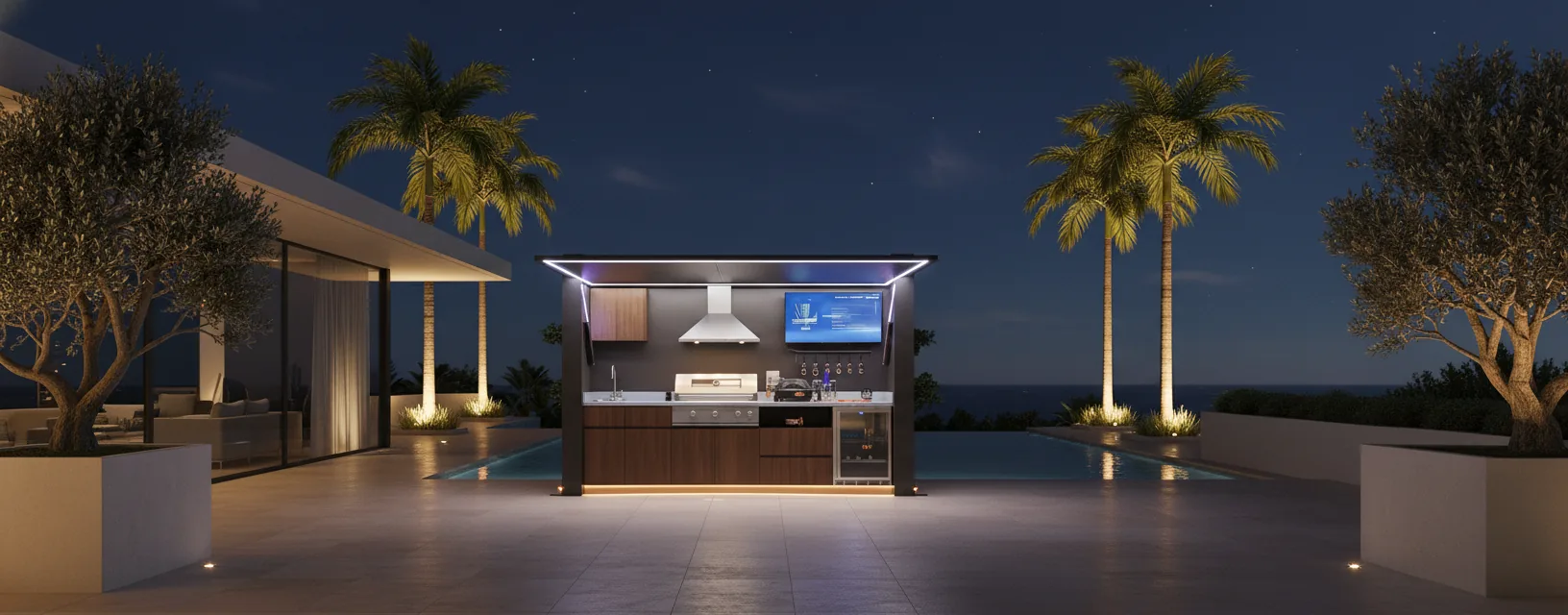 Cuisine d'été couverte Pod BarbecueZone de nuit — palmiers illuminés, ambiance réception