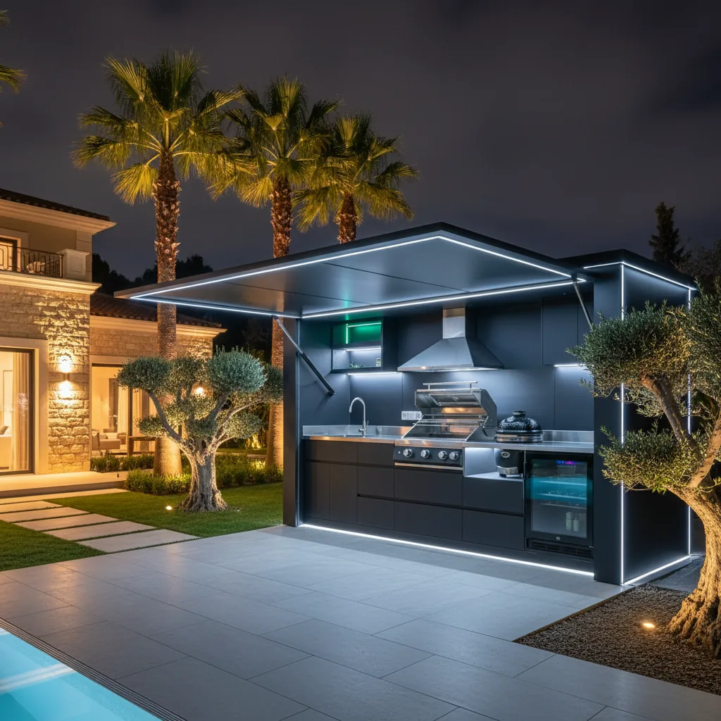 Pod Signature BarbecueZone de nuit sur terrasse en pierre naturelle avec éclairage LED ambiance chaleureuse
