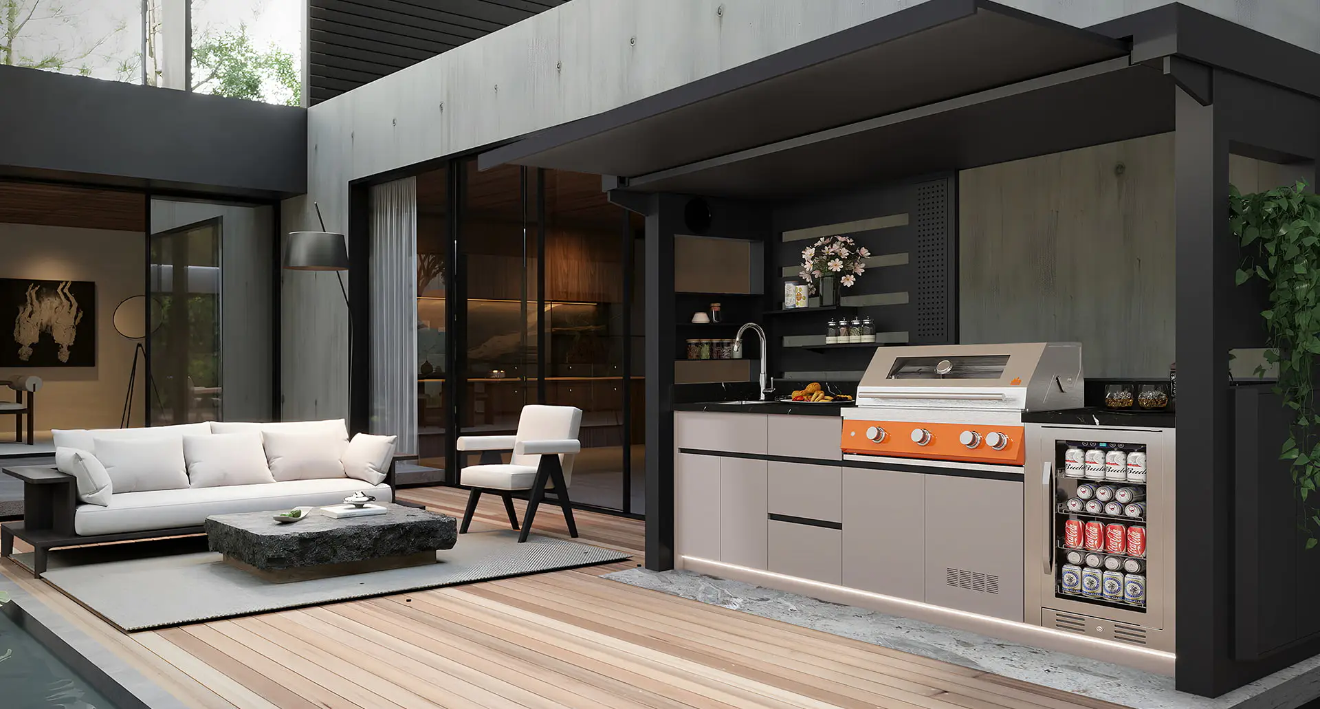 Pod Pavilion BarbecueZone sur terrasse de nuit avec éclairage LED chaud