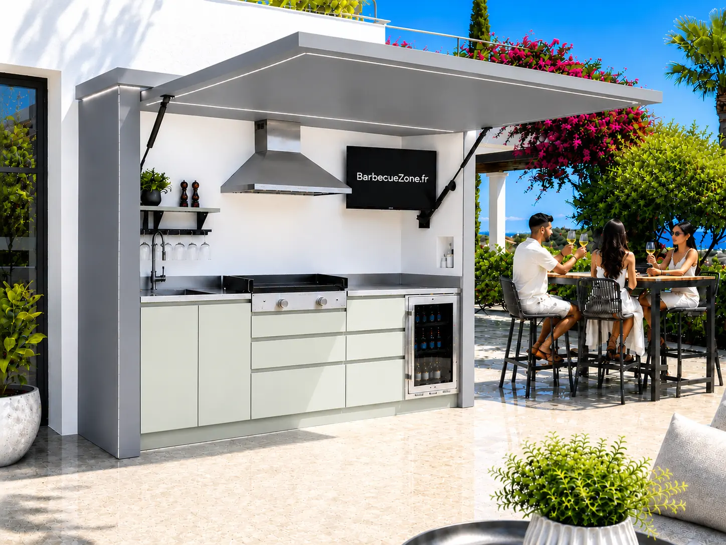 Cuisine extérieure Pod BarbecueZone en inox 304 avec plancha encastrée, hotte aspirante et plan de travail continu sous abri