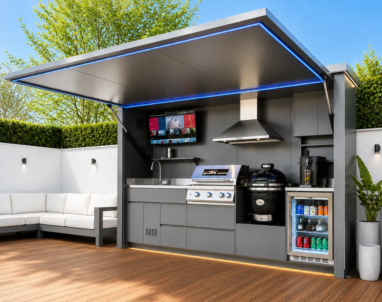 Cuisine extérieure Pod BarbecueZone gris clair sur terrasse en bois, kamado noir et grill gaz intégrés sous toit rigide, réfrigérateur à boissons et salon d'extérieur
