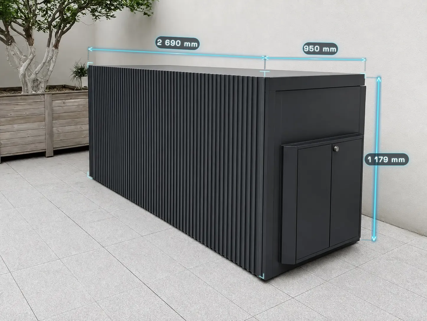 Dimensions du Pod Optimus Design fermé : 2 690 mm de longueur, 950 mm de profondeur, 1 179 mm de hauteur — cotes affichées en surimpression sur la photo